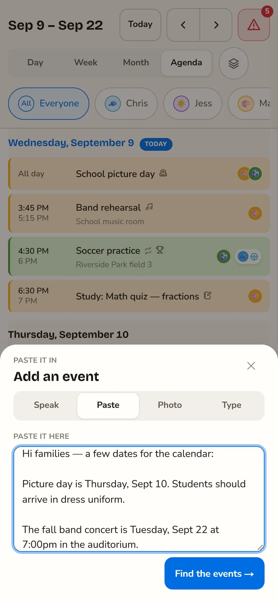 The add-an-event popup with Speak, Paste, Photo and Type, a school email pasted in