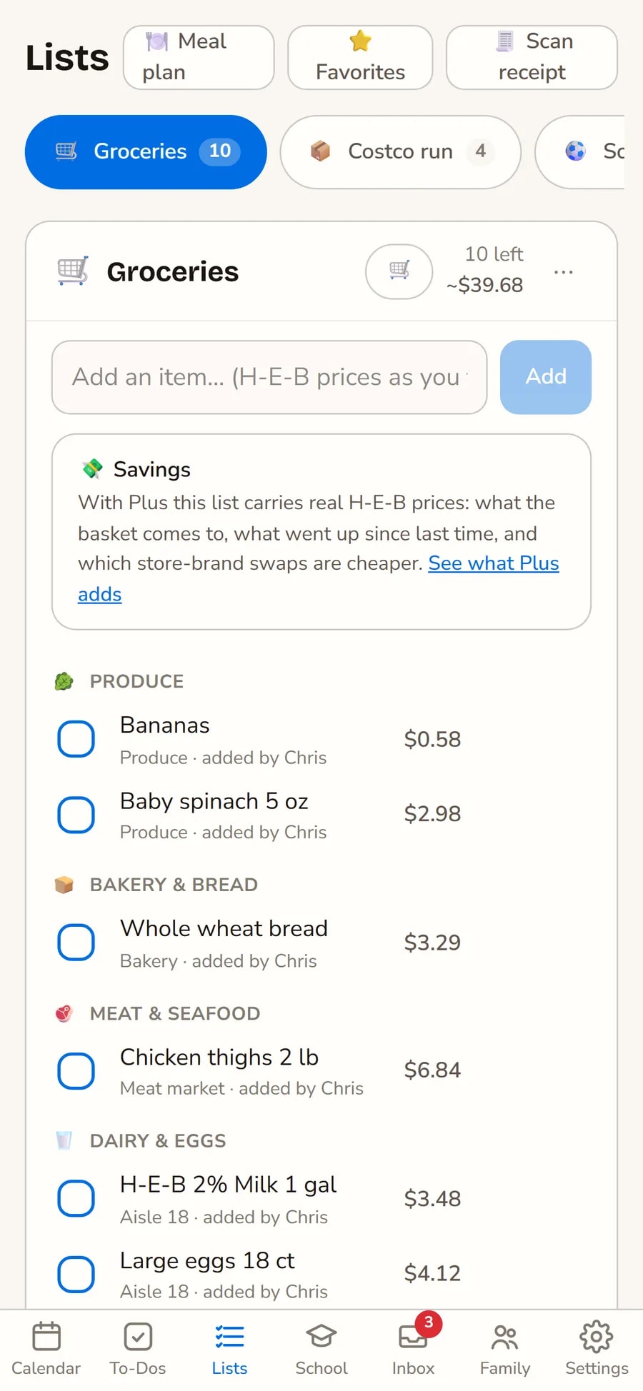 A grocery list grouped by aisle with prices