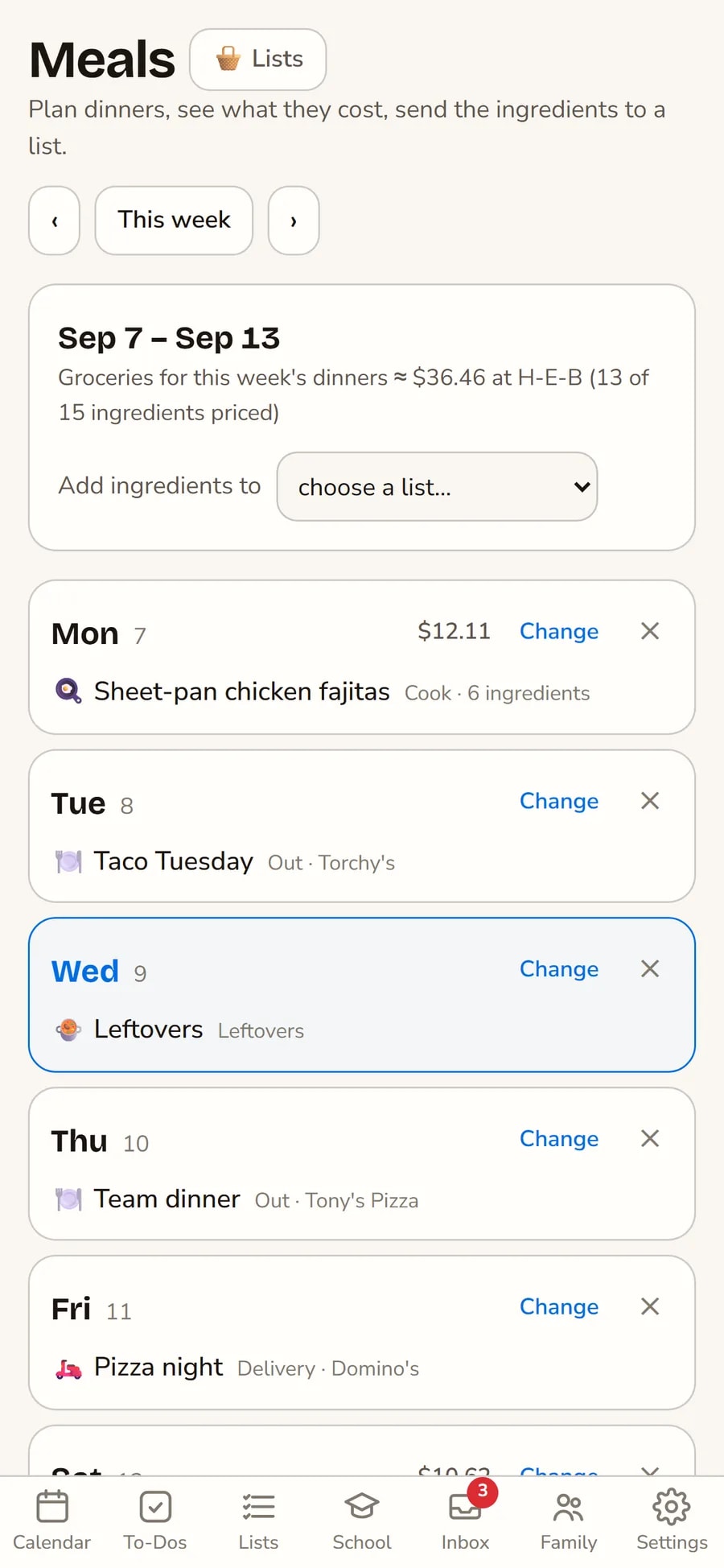 The week's dinners, some cooked and some out