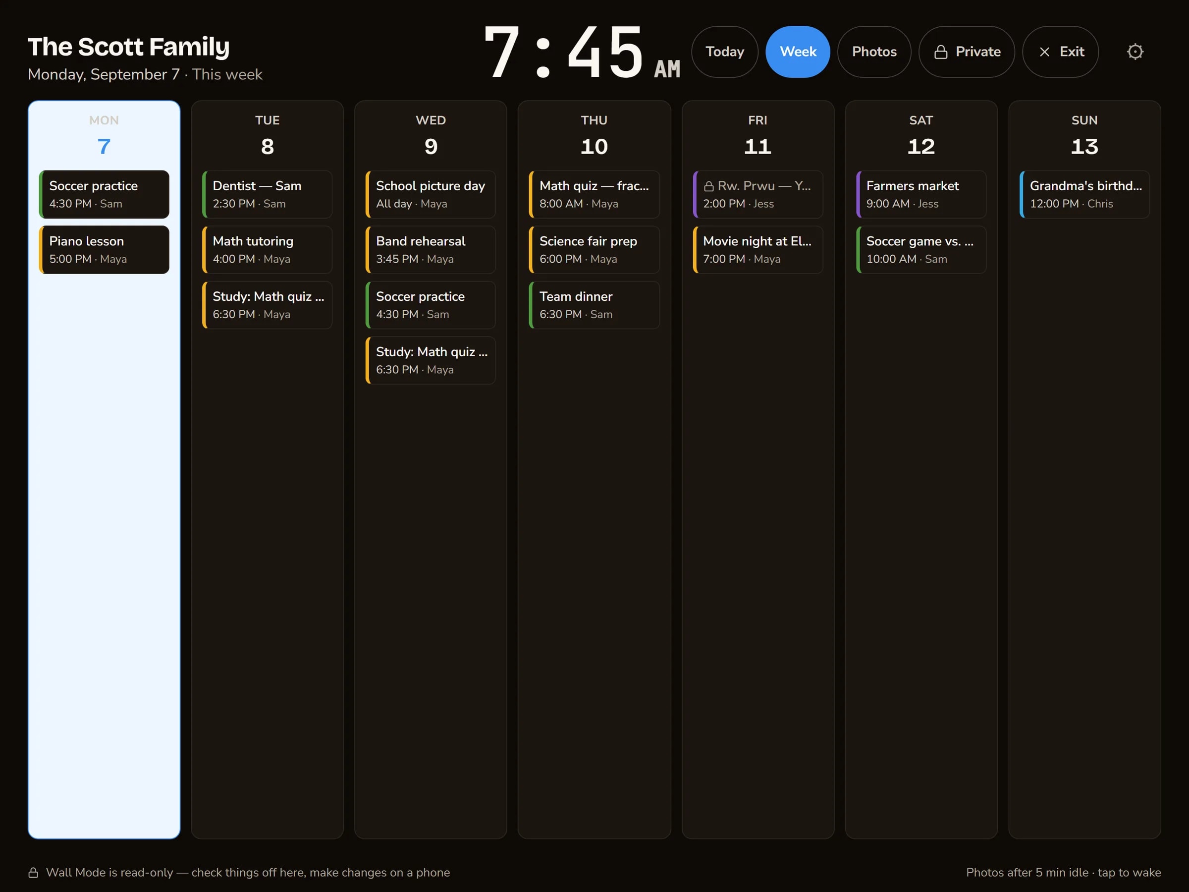 The week view on the kitchen tablet, a column per day