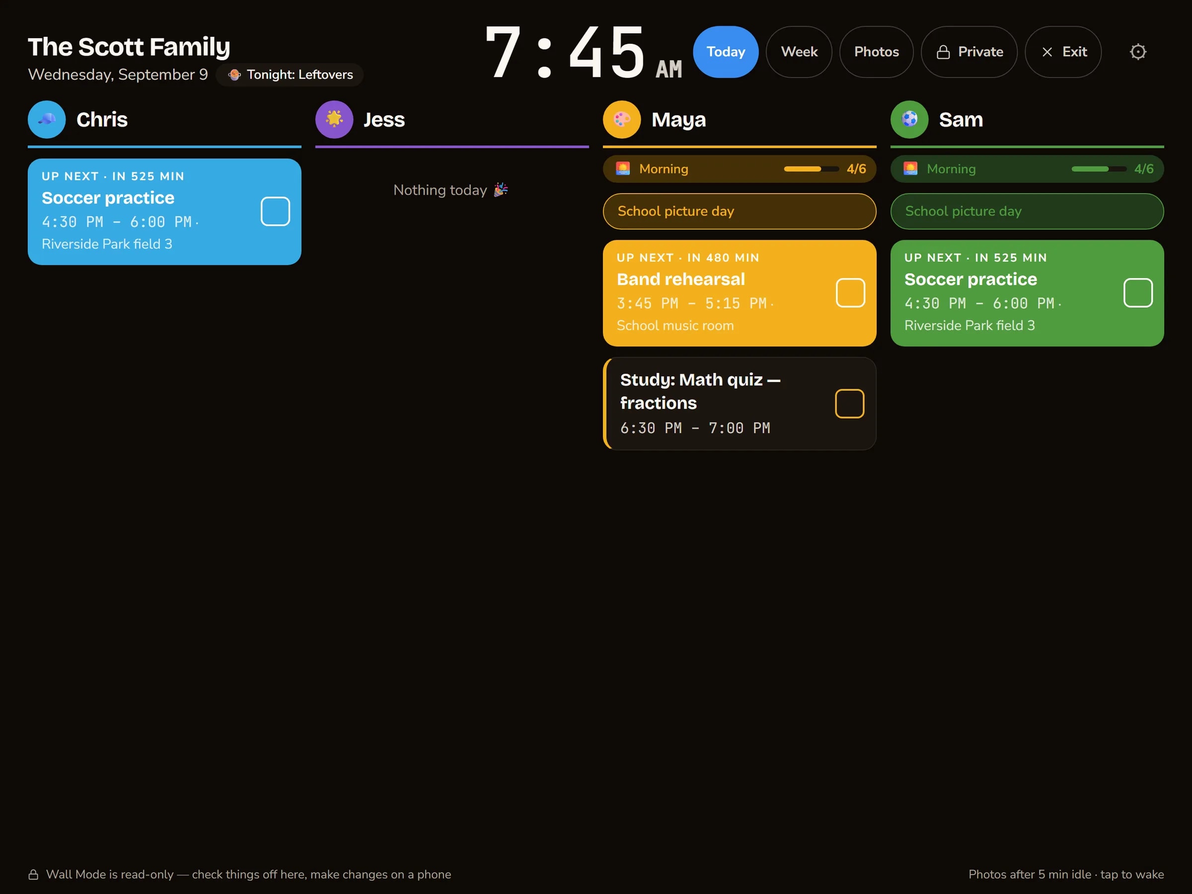 A weekday morning on the kitchen tablet: a column each, and the kids' morning routines part-ticked
