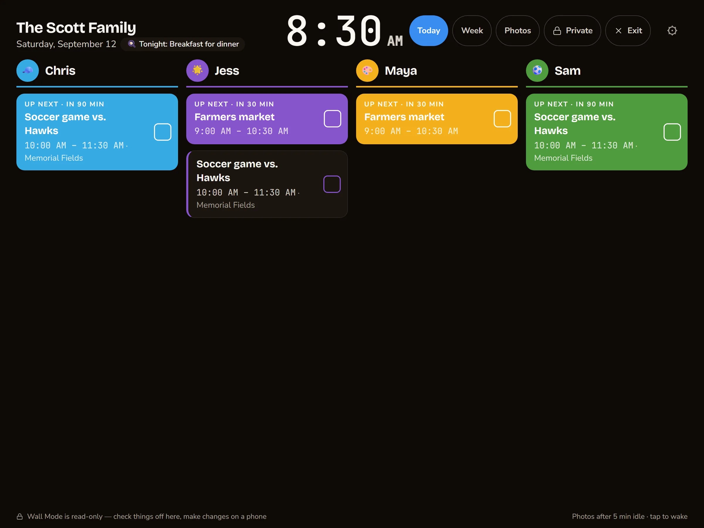 Wall Mode on a kitchen tablet: Chris, Jess, Maya and Sam each with their own column for today